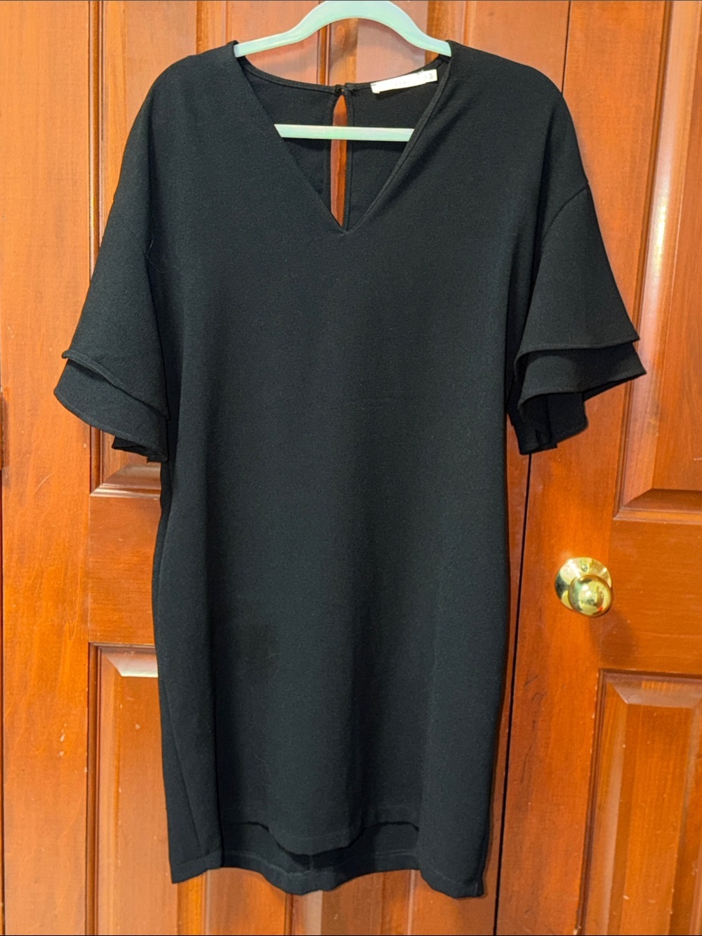 Lush Classic Midi Dress V Neck Ruffle Sleeve Keyhole Back Shift Black Size L